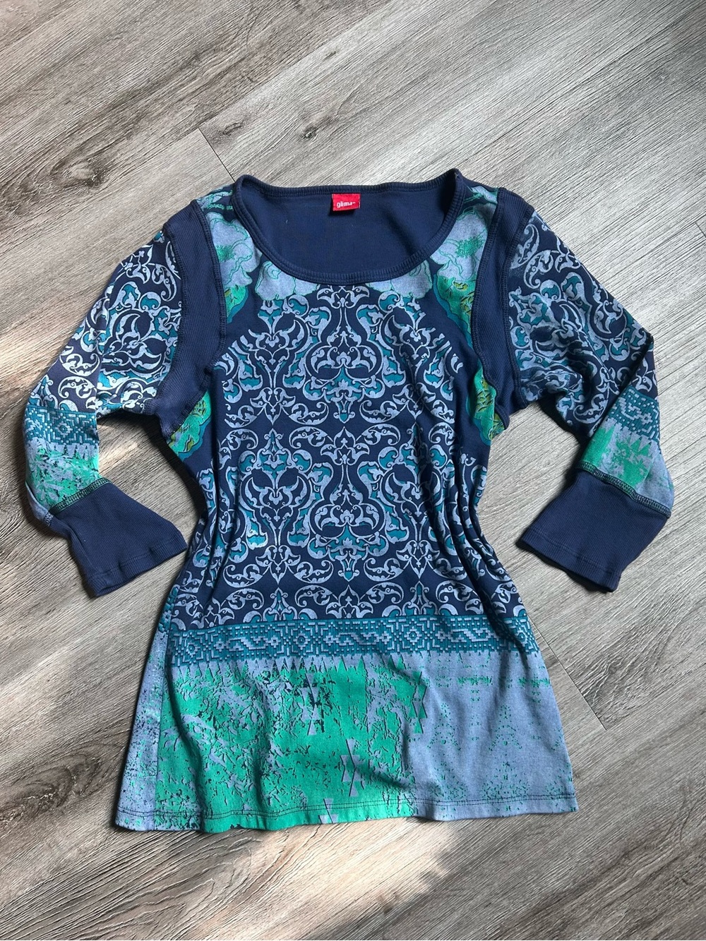 Y2K Boho Artsy Glima Cotton Blue and Green Damask 3/4 Sleeve Top Size M